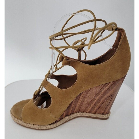 Tory Burch Raya Suede Lace Up Wedge Heels Womens Tan Brown Open Toe Sandals - Picture 6 of 10